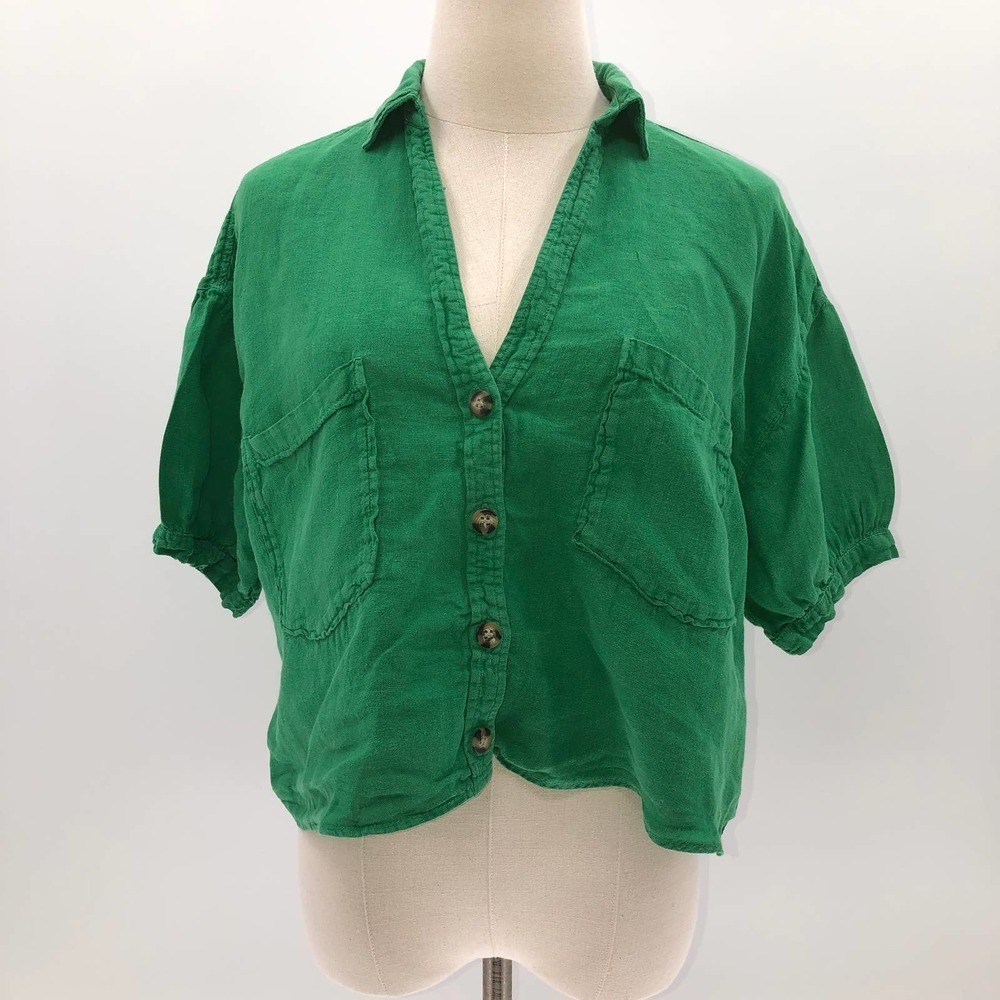 Zara Green Short Sleeve Button Down Double Breasted V-Neck Crop Top-S